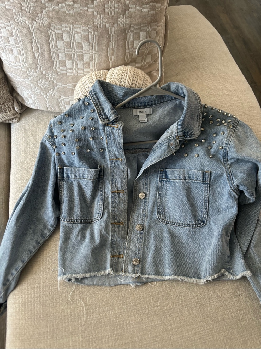 Studded Distressed Light Blue Denim Jacket - Women